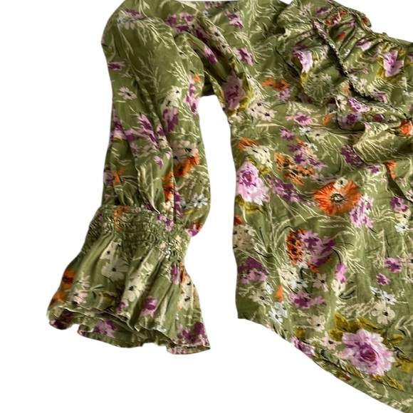Anthropologie Gorgeous Green Floral Blouse with Tie Front, Ruffles, Bell Cuffs - Picture 5 of 9